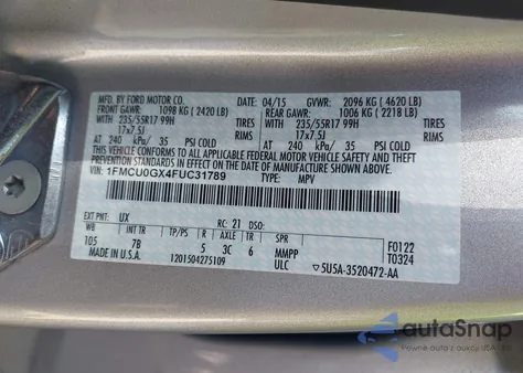 2015 Ford Escape Se z USA, uszkodzony, nr VIN 1FMCU0GX4FUC31789